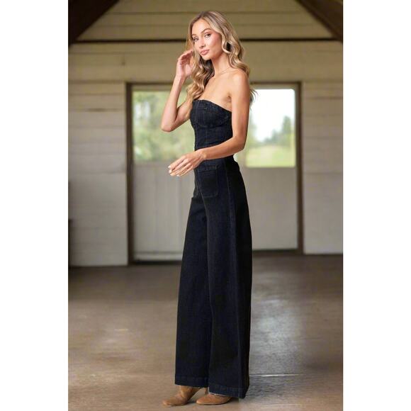 OFF SHOULDER WIDE LEG DENIM JUMPSUIT - Picture 3 of 3
